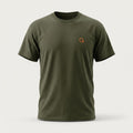 A ghost mannequin showing a military green short-sleeve t-shirt with a burnt orange “Clobber & Gear” logo embroidered on the left chest, set against a plain light grey background.