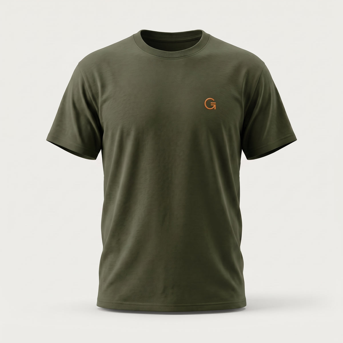 A ghost mannequin showing a military green short-sleeve t-shirt with a burnt orange “Clobber & Gear” logo embroidered on the left chest, set against a plain light grey background.