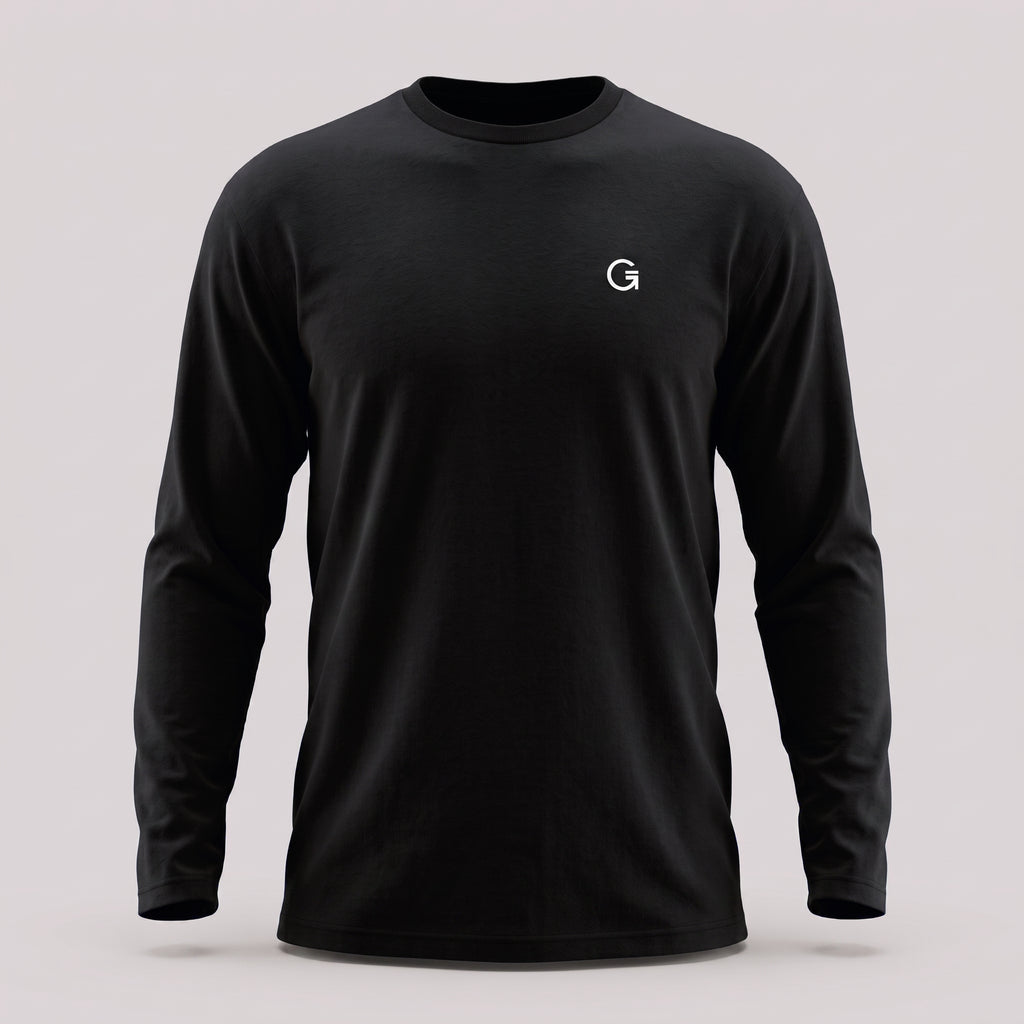 A black crewneck long-sleeve t-shirt with a white ”Clobber & Gear” logo embroidered on the left chest, displayed against a plain light grey background.