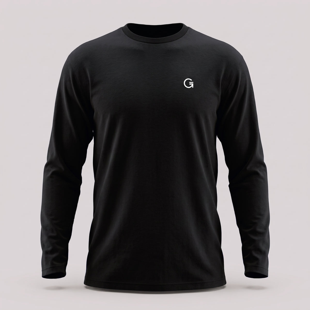 A black crewneck long-sleeve t-shirt with a white ”Clobber & Gear” logo embroidered on the left chest, displayed against a plain light grey background.