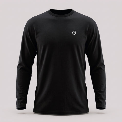 A black crewneck long-sleeve t-shirt with a white ”Clobber & Gear” logo embroidered on the left chest, displayed against a plain light grey background.