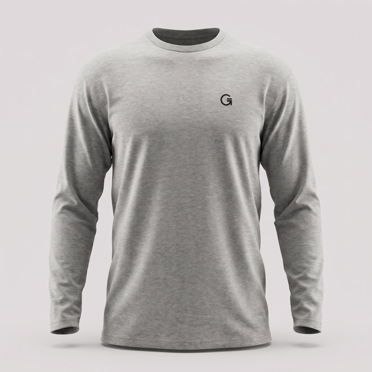 A heather grey crewneck long-sleeve t-shirt with a black ”Clobber & Gear” logo embroidered on the left chest, displayed against a plain light grey background.