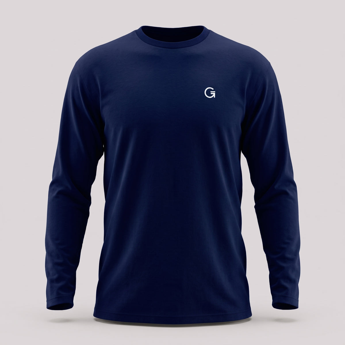 A navy blue crewneck long-sleeve t-shirt with a white ”Clobber & Gear” logo embroidered on the left chest, displayed against a plain light grey background.