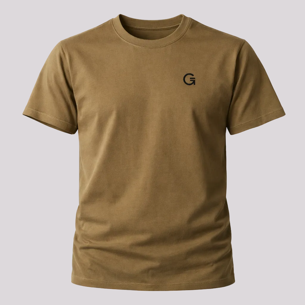 An army crewneck short-sleeve t-shirt with a black embroidered ”Clobber & Gear” logo on the left chest, displayed against a plain light grey background.