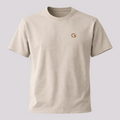 A light sand crewneck short-sleeve t-shirt with a russet brown-coloured ”Clobber & Gear” logo embroidered on the left chest, displayed against a plain light grey background.