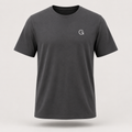 A ghost mannequin image of a charcoal crew-neck t-shirt with a white “Clobber & Gear” logo embroidered on the left chest, displayed on a neutral light grey background.